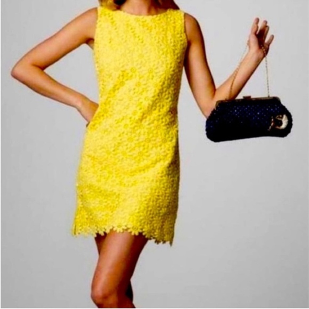 Lilly Pulitzer LELA Floral Daisy Crochet Lace Shift Dress Size 4 Yellow